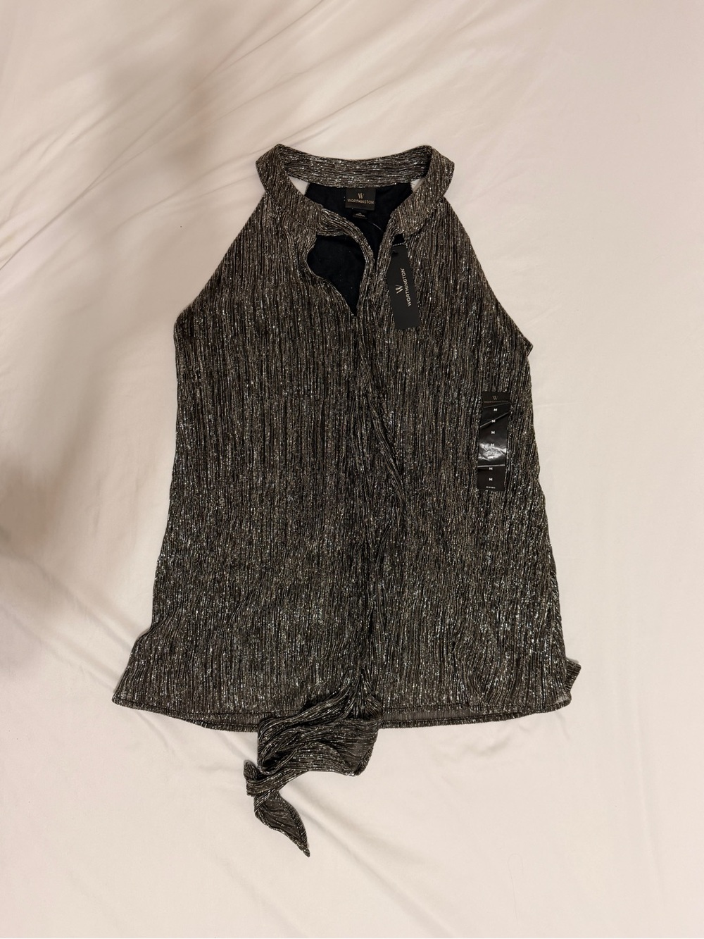Worthington Metallic Knit Tie-Front Sleeveless Top - Silver Black